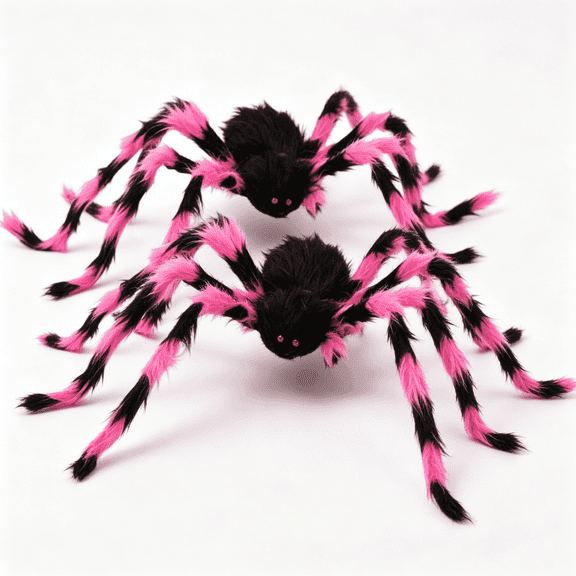 QLUEWX 2 Pack Halloween Spider Decorations, 6.6FT Giant Pink and Black Spiders, Bendable Leg Scary Large Spider Props, Furry Spider for Yard Porch Haunted House Indoor Outdoor Party Decor