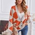 thumbnail image 2 of Lovskoo 2024 Cardigan Sweaters for Women Long Sleeve V-Neck Geometric Stitching Contrast Knit Cardigan Casual Loose Coat Sweater Top Orange, 2 of 5