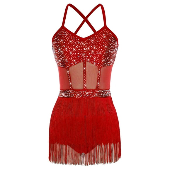Runhomal Womens Rhinestone Latin Tango Dance Leotard Dress Tassel Fringe Leotard Dress Dancewear Burgundy M