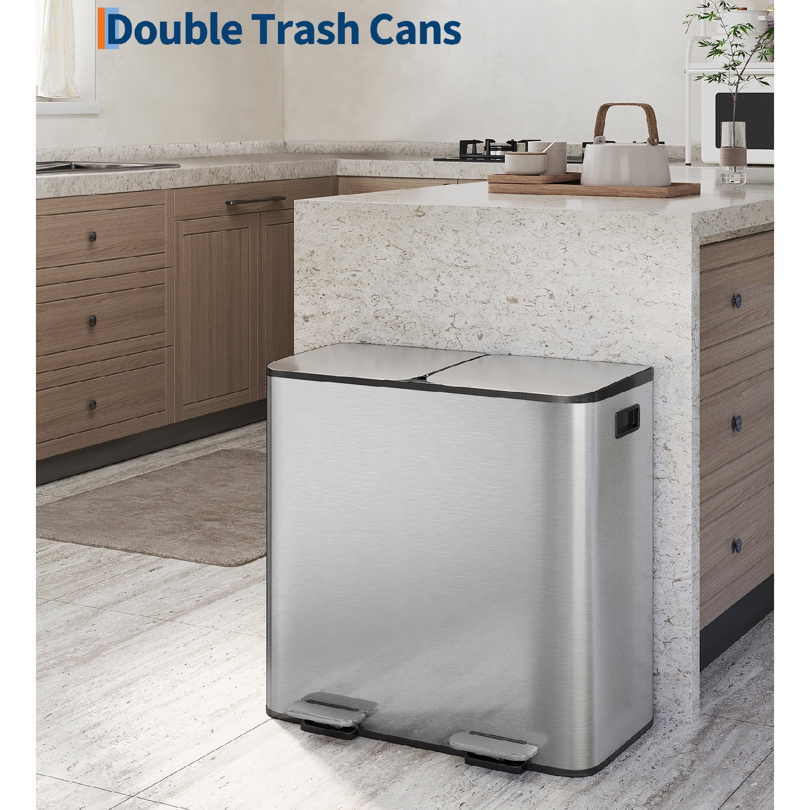 Premium Stainless Steel Dual Compartment Trash Can - 30L/40L Step-on Kitchen Garbage Bin w/Removable Inner Buckets (Silver/Black/Grey)