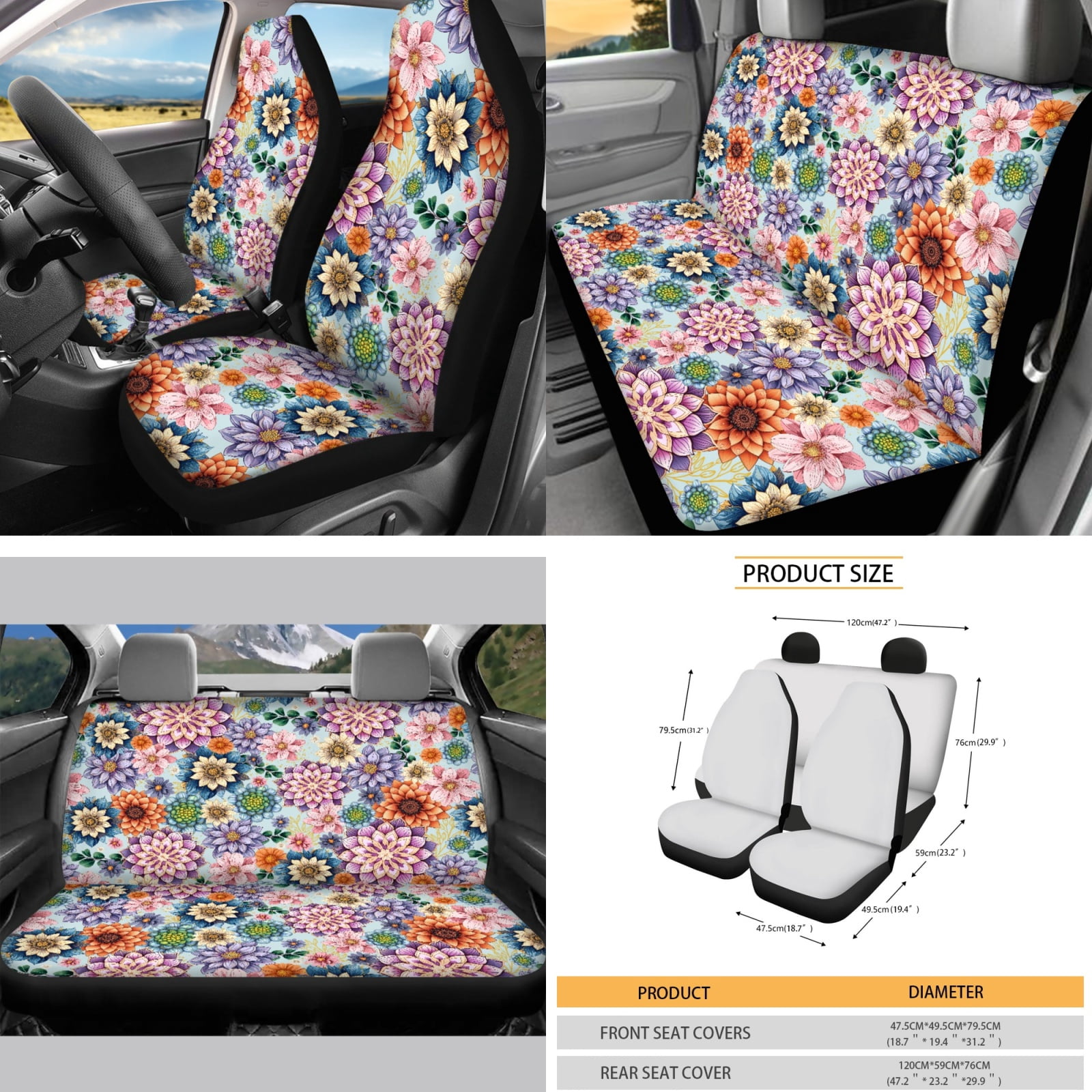 Yuyamidu Dalia Car Seat Covers Full Set of 16 Flower Automotive Steering Wheel Covers Sun Shade Seatbelt Pads Car Coasters Handbrake Cover Set Rear View Mirror Cover Keychain for Women