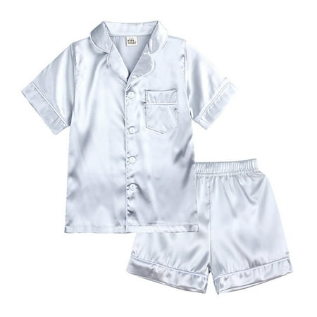 

LNMQLPDBS Little Baby Girls Boys Pajamas Set Satin Silk Kids Short Sleeves Sleepwear Pjs 2 Piece Button Down Classic Loungewear Shorts
