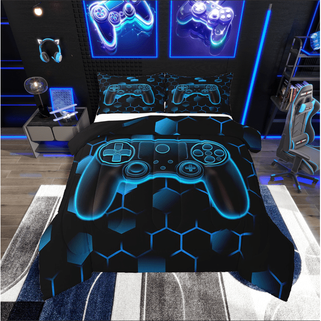 Erosebridal Gamer Gamepad Comforter Sets Toddler Size,Blue Honeycomb Comforters & Duvets, Geometry Decor,Reversible,Breathable,2pcs