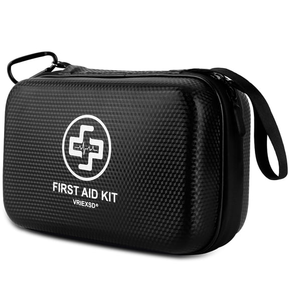 Black 320-Piece Emergency First Aid Kit, Waterproof Shockproof EVA Hard Shell Storage Case with Organizer Compartments for Home Office Travel Camping Vehicles，5.88 x 8.65 Inch。