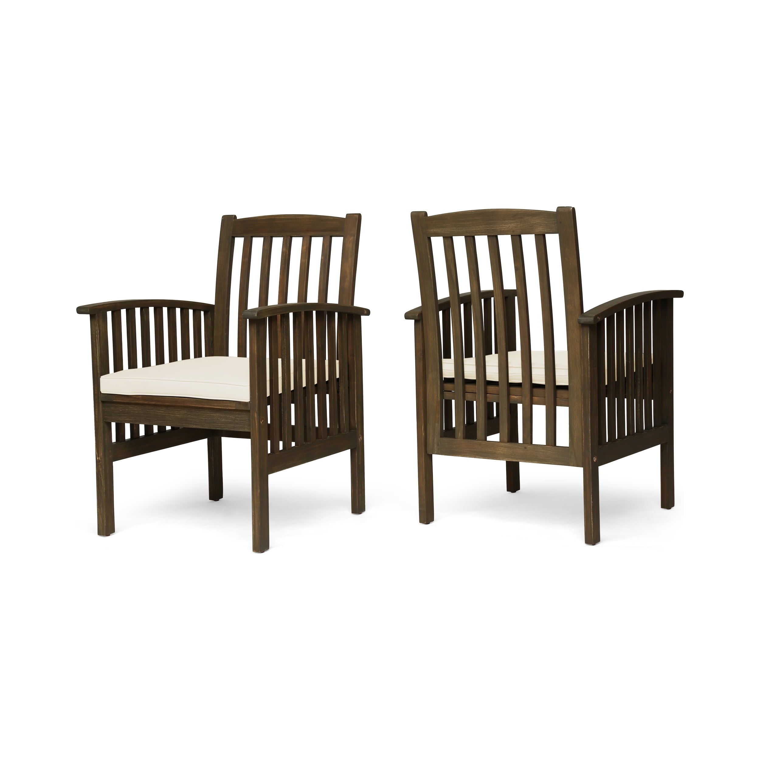 Outdoor Cushioned Dining Chair Set of 2, Acacia Wood Frame Comfort Seats for Patio Garden, Gray and Cream