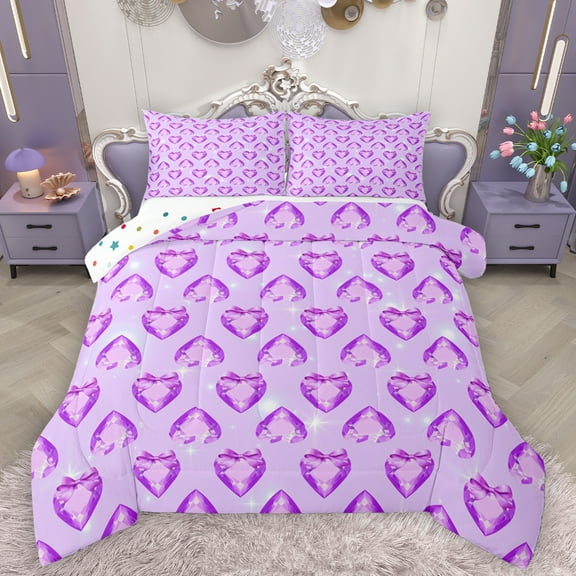 Homewish 3D Loves Diamind Bedding Comforter Set,Kawaii Bowtie Bowknot Twin Comforter Sets,Purple Bow Tie Bedding Set For Girls Kids,Super Cozy Room Decor Reversible,2 Pieces