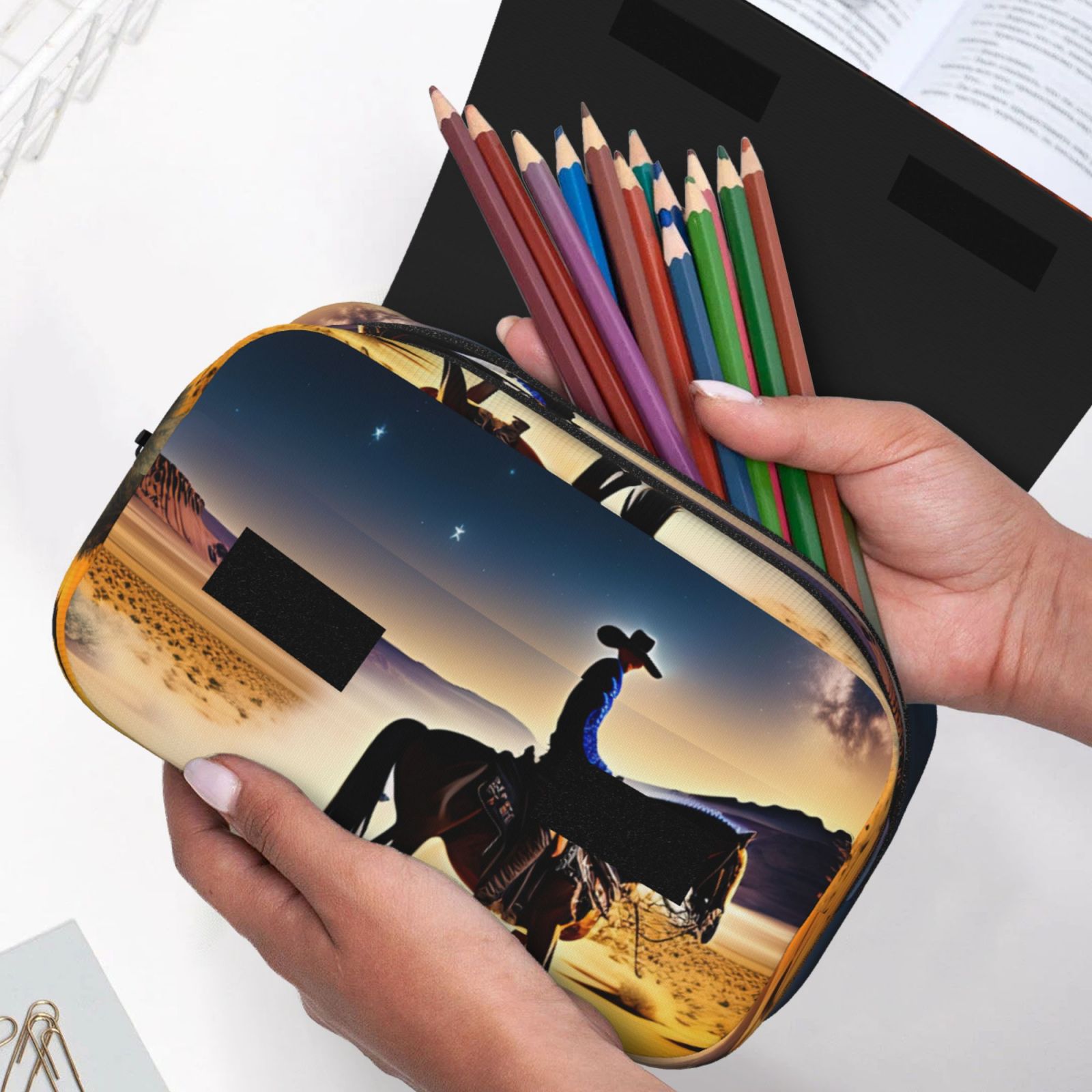 Rateoe Azure Sky Western Desert Cowboy Pattern Double Clamshell Pen Case, Storage Organizer with Two Zipper Compartments– Holds Up to 50 Pencils & Pens