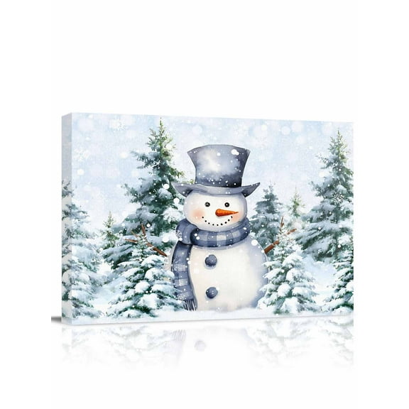 Christmas Blue Snowman Canvas Print Wall Art Winter Snow Scene Pine Tree Forest Bird Pictures Painting Morden Artwork for Living Room Bedroom, Ready to Hang - 12"x16"