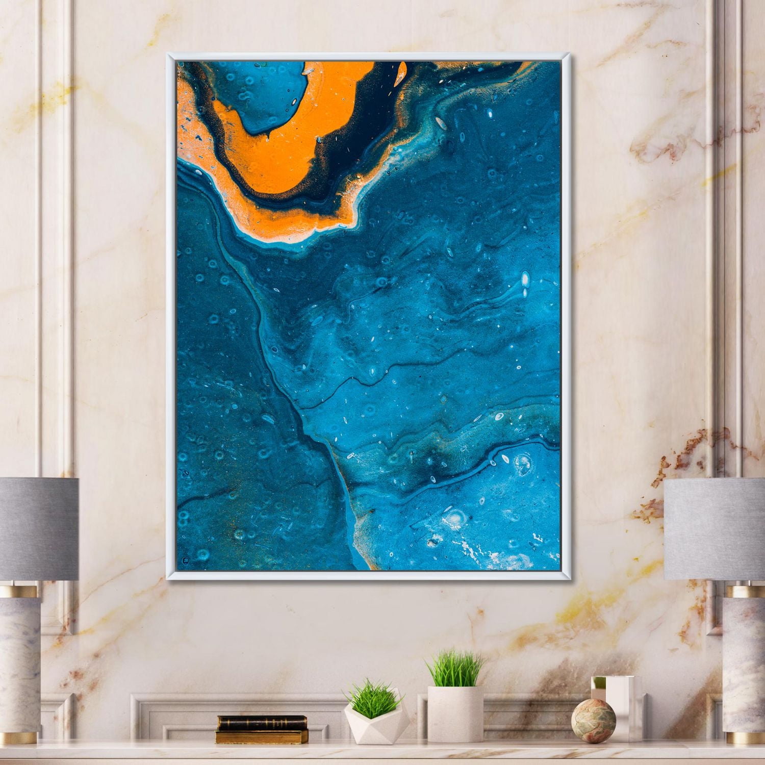 Designart Composition Abstraite En Marbre En Bleu Et Orange III ART MURAL À CADRE FLOTTÉ