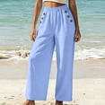 thumbnail image 6 of VEKDONE Lounge Pants for Women Cotton Elastic High Waist Palazzo Pants Button Decorative Straight Leg Trousers Summer Loose Fit Comfy Wide Leg Pants with Pockets Light Blue XXL, 6 of 7