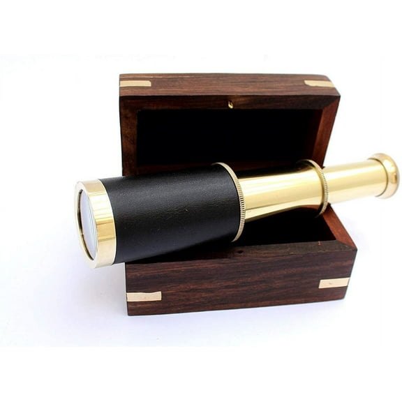 Miniature Beautiful Handcrafted Handheld Brass Telescope with Rosewood Box - Pirate Navigation Gifts (6 Inches, Polished Brass)