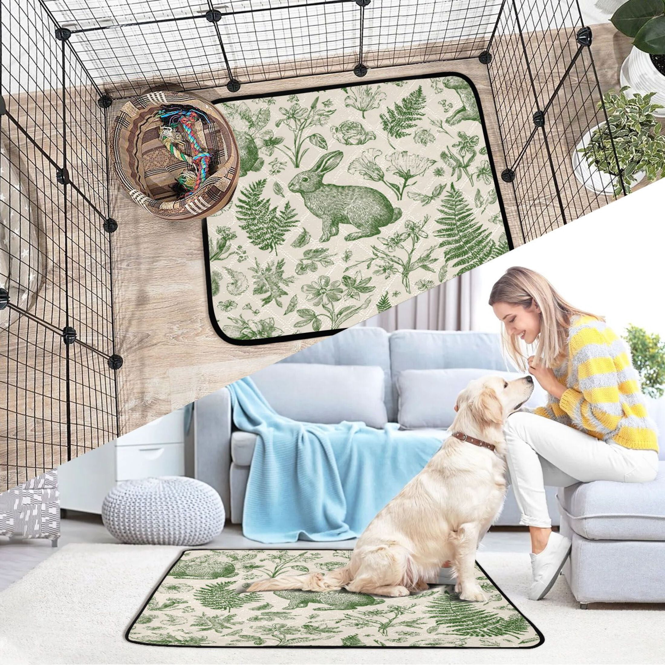 IAUYY Washable Pee Pads for Dogs Smallx3 Absorbent and Leak-Proof Non-Slip Reusable Puppy Pee Pads for Dogs Applicable to Playpen Potty Crate Retro Rabbit Illustration