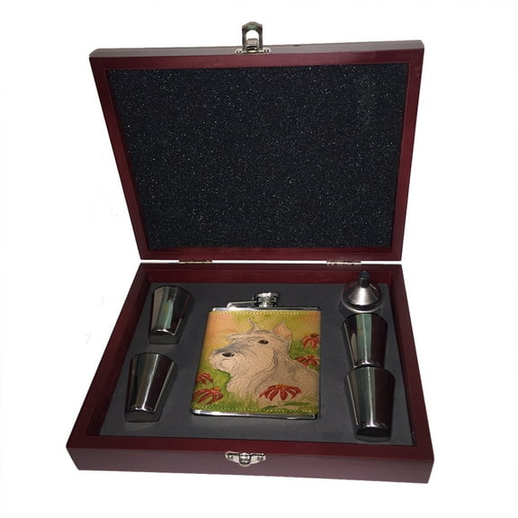 KuzmarK 6 oz. Leather Flask Set in Rose Wood Presentation Box -  Miniature Schnauzer Art by Denise Every