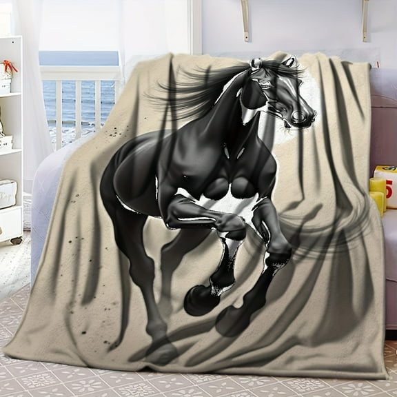 Black & White Horse Blanket - Galloping Horse Design Soft Flannel All-Season Bedspread, Contemporary Equestrian Bedding & Adults, Ideal Gift for Horse Lovers, Throw Blanket, Christmas Blanket, Neutra