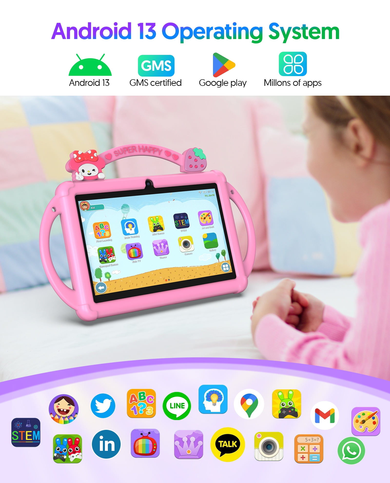 Kids Tablet 7 inch Android 13 Tablet for Kids 32GB ROM 4GB RAM 1TB Expanded, Quad-Core Toddler Tablet with Shockproof Case, Bluetooth, Wifi, Parental Control, Dual Camera, GPS, Games