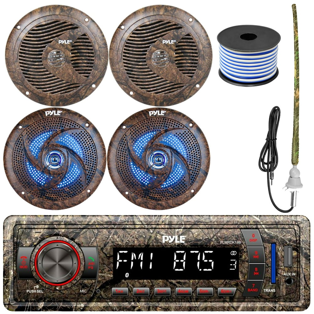 Pyle 1625' Bay Boat Single DIN Bluetooth Marine Stereo Receiver Bundle