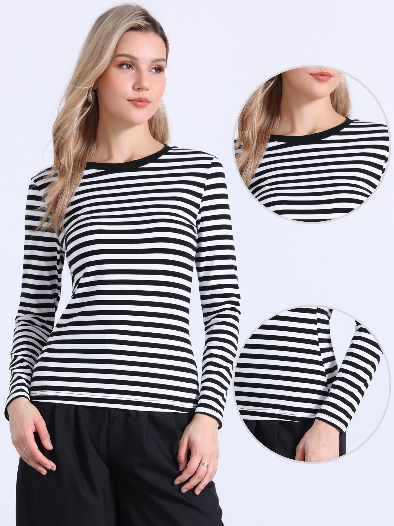 DARING DIVA Women's Striped Long Sleeve Cotton Crew Neck Fitted Tees XL Black White Stripe