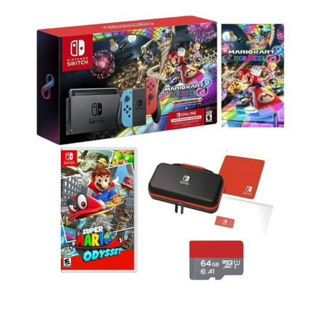 Nintendo Switch Deluxe Mario Kart 8 Bundle Neon Red/Blue + Super Mario Odyssey + Travel Case + 64GB Memory Card