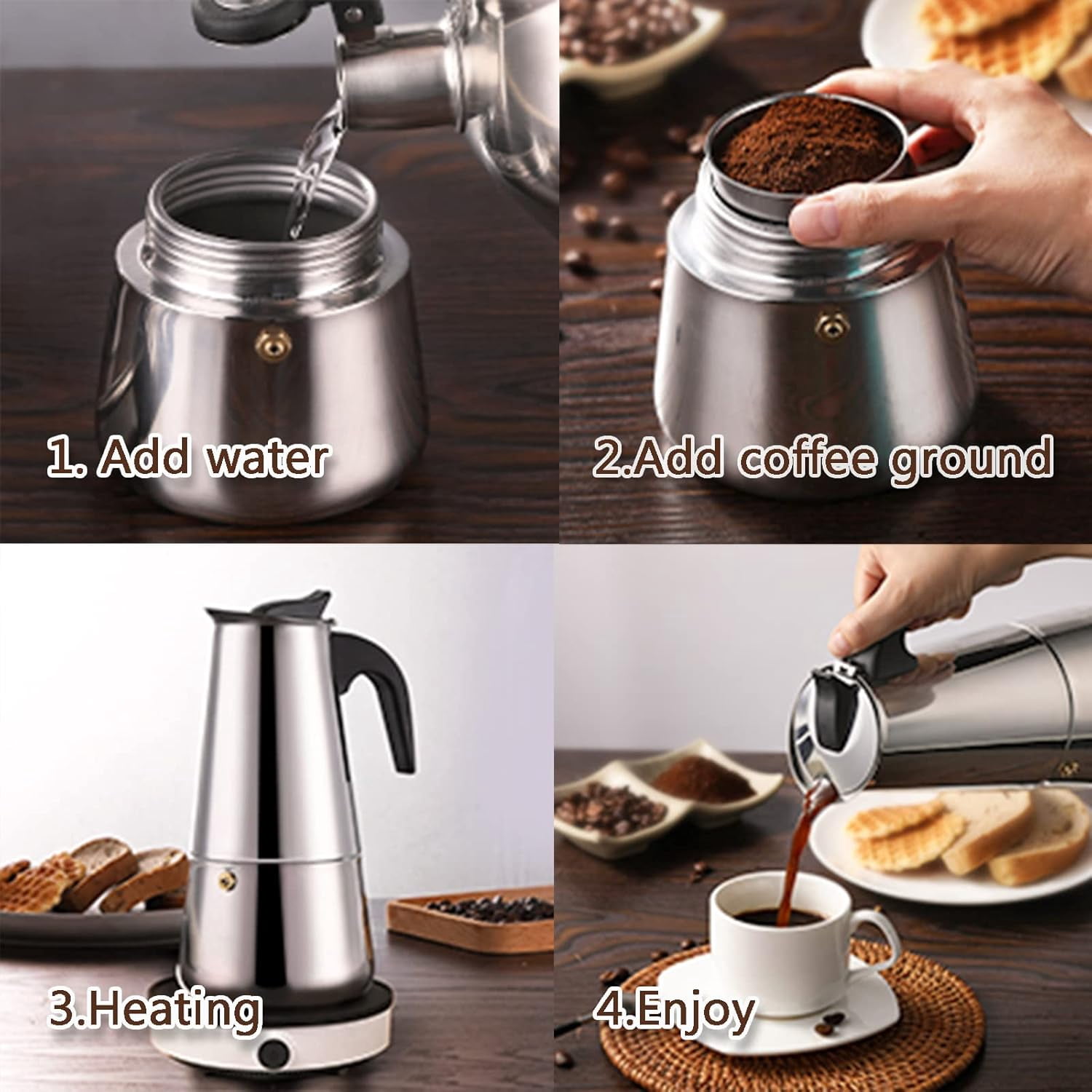ABCISI Coffee Pot,Stainless Steel Moka Pot Italian Coffee Maker 6 cup/10 OZ Stovetop Espresso Maker for Gas or Electric Ceramic Stovetop Camping Manual Cuban Coffee Percolator for Cappuccino or Latte