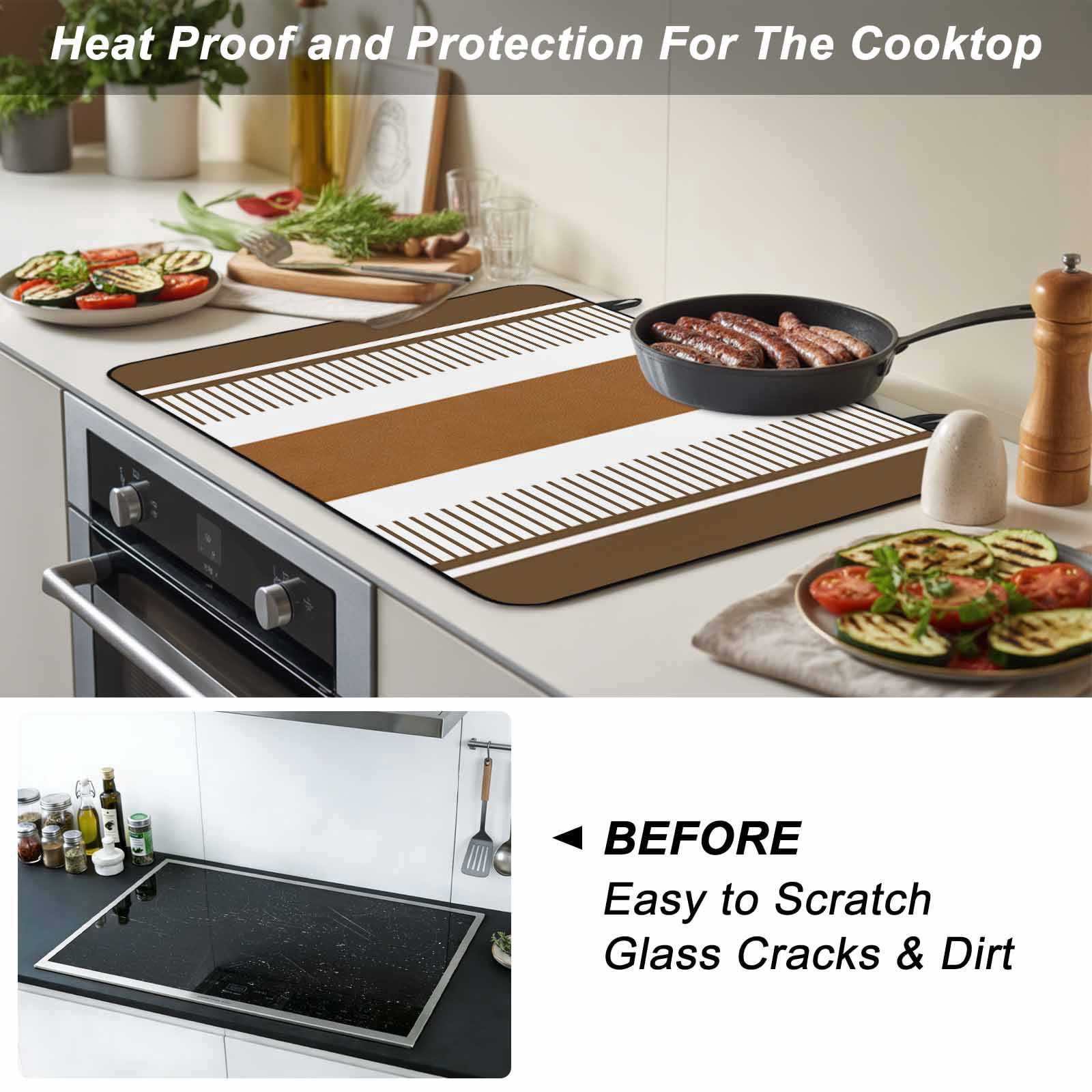 Modern Brown Stove Top Cover for Electric Stove, Heat-proof & Non Slip Glass Top Stove Cover Protector, Boho Contemporary Geometric Striped Kitchen Flat Cooktop Rubber Mat 28.5x20.5 Inches