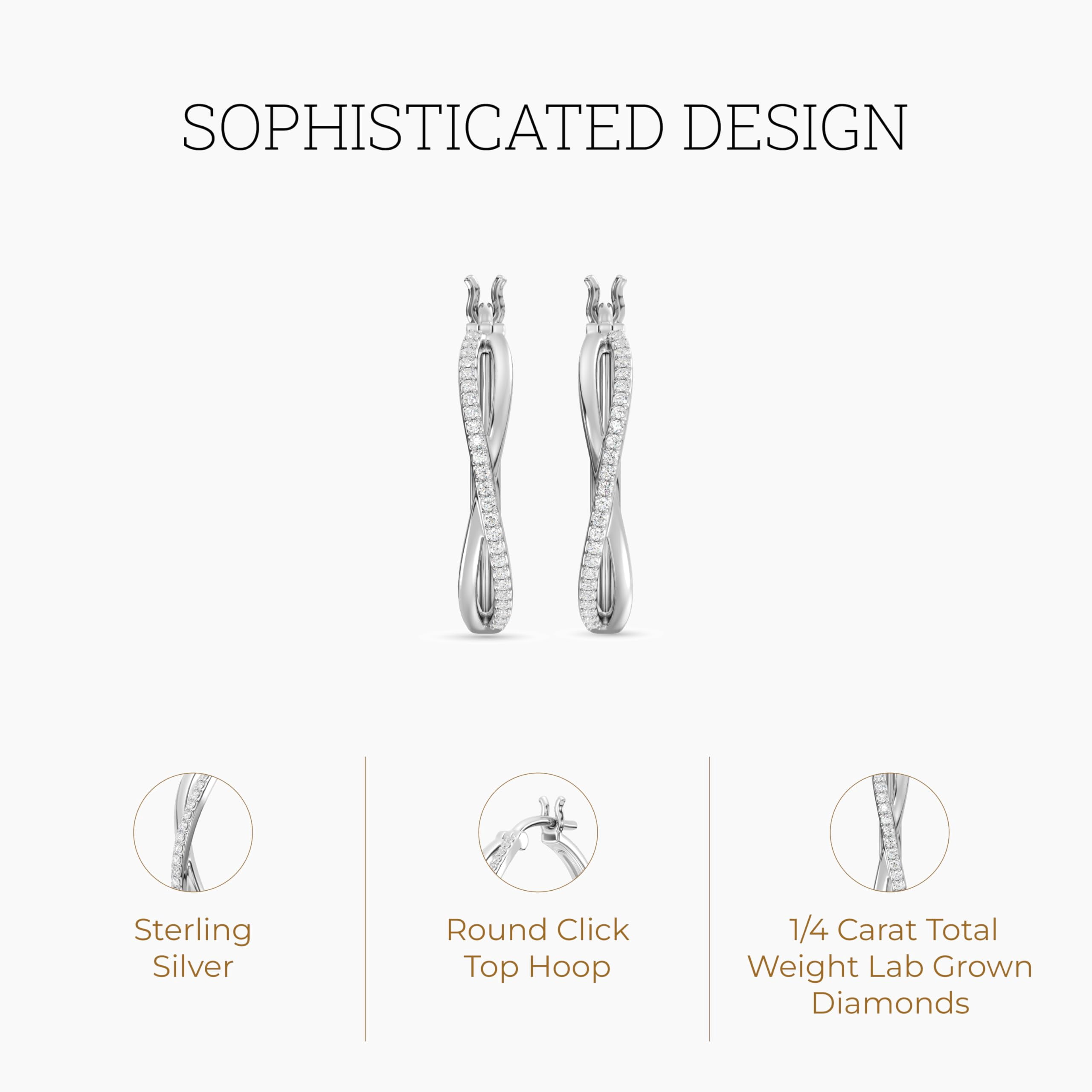 Gilded 1/4 Carat Total Weight Lab-Grown Diamond Modern Twisted Hoop Earrings for Women in 925 Sterling Silver | Hypoallergenic Fine Jewelry | Click Top Closure | SI1 Clarity, F Color