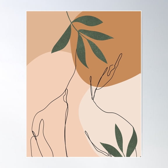 Figure One Line Drawing From The Back With Leaves And Warm Tones Poster Wall Art, Modern Wall Decor For Living Room Bedroom, 16x24 UNFRAMED