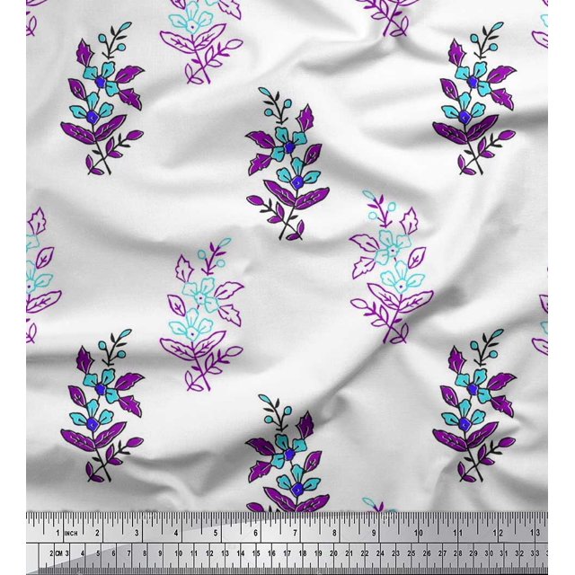 Soimoi Silk Fabric Leaves & Floral Block Printed Craft Fabric by The Yard 42 Inch Wide
