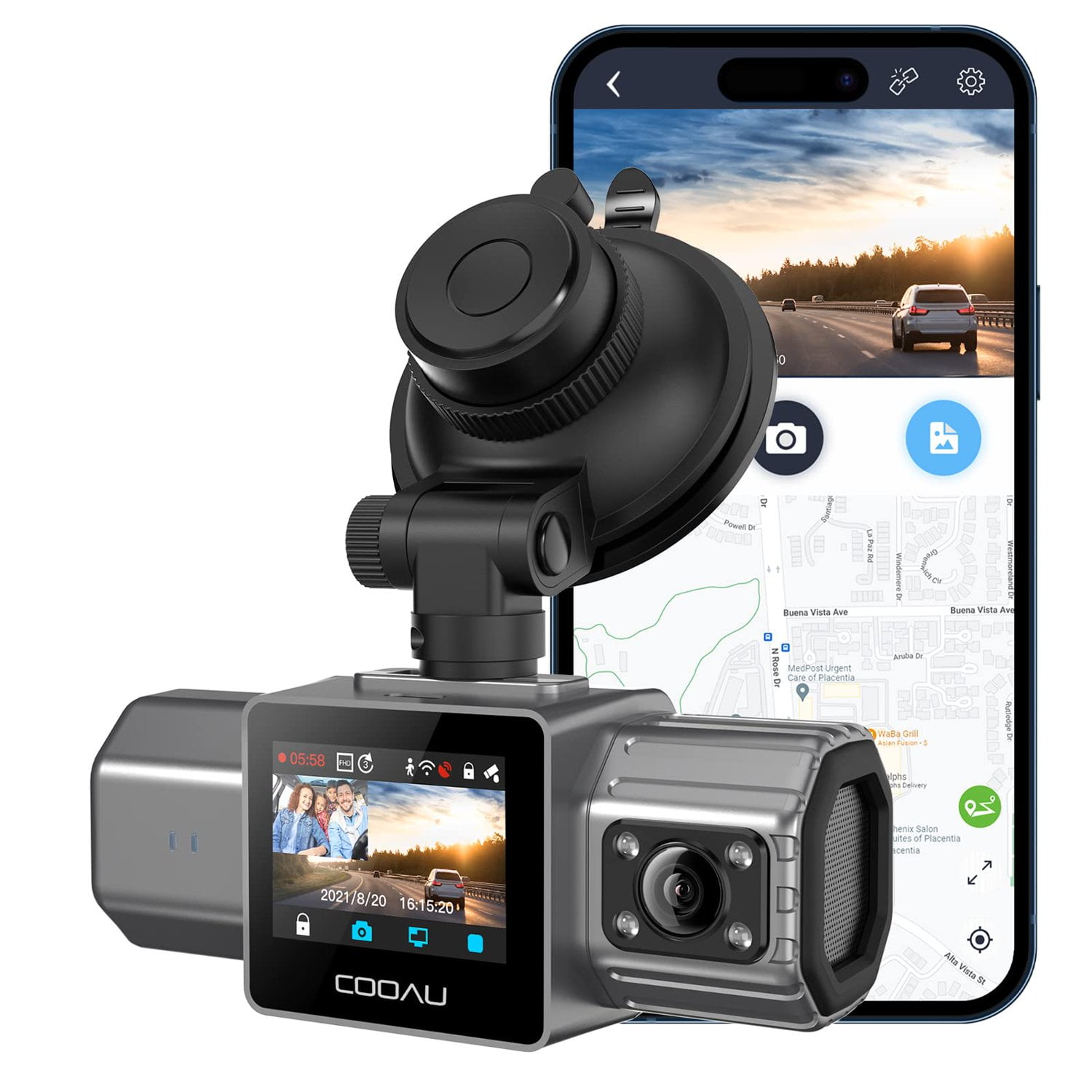 COOAU Uber Dual Dash Wireless Cam WiFi, 2.5K, Front and Rear/Inside