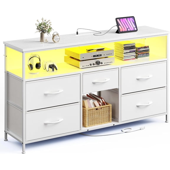 JessieMal TV Stand with LED Lights & Power Outlets, Entertainment Center for 50" Inch TV, 5 Drawers Dresser for Bedroom Dresser with Shelves for Living Room, Sturdy Metal Frame, White