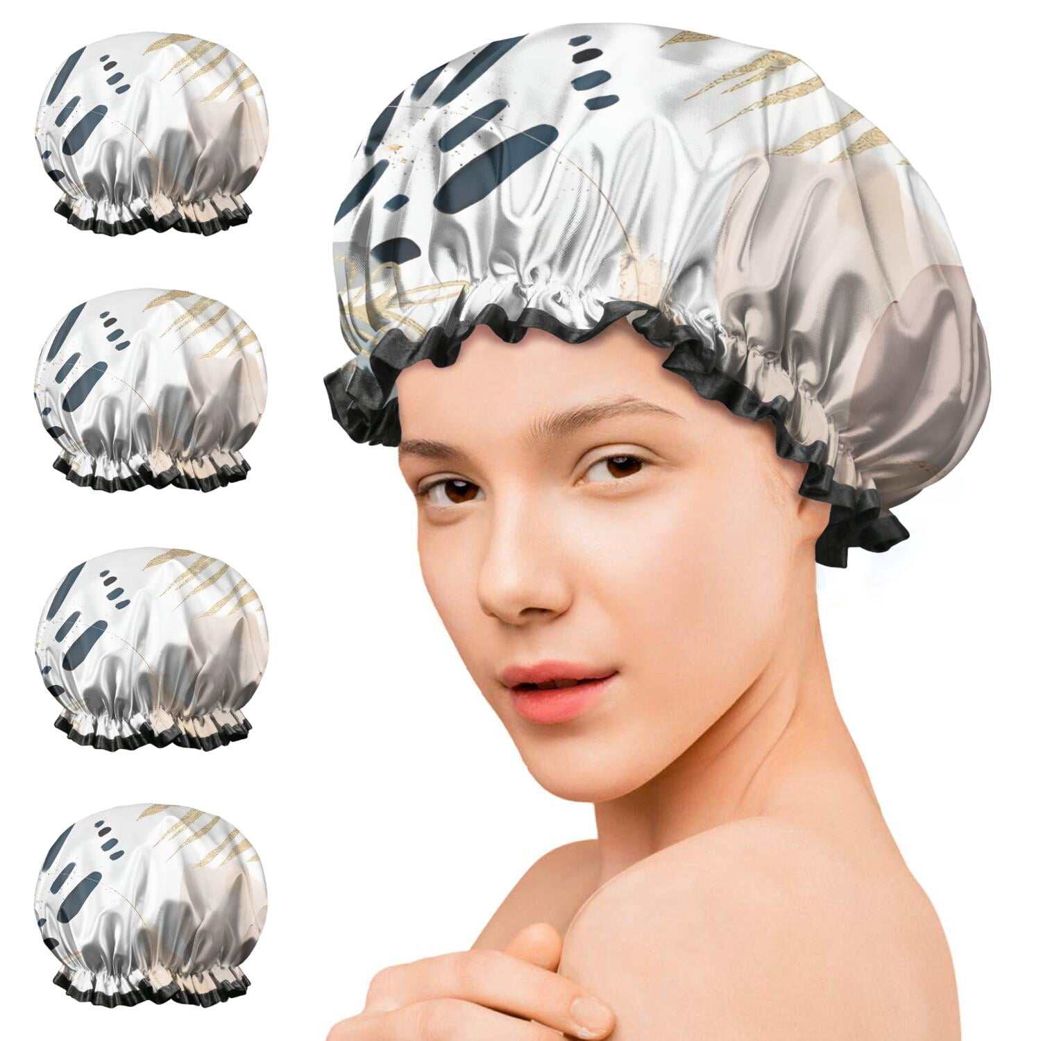 Shower Caps,Blue Boho Abstract and Plant Pattern Waterproof Shower Cap for Women 4 Pieces,Double Reusable Hair Cover for Shower PEVA Elastic Stretch Hem