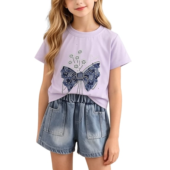 Girls Cotton 2 Piece Outfits Summer Cute Short Sleeve Rhinestone Bow Printed T-Shirt and Elastic Waist Denim Shorts Set Purple 3-4Years