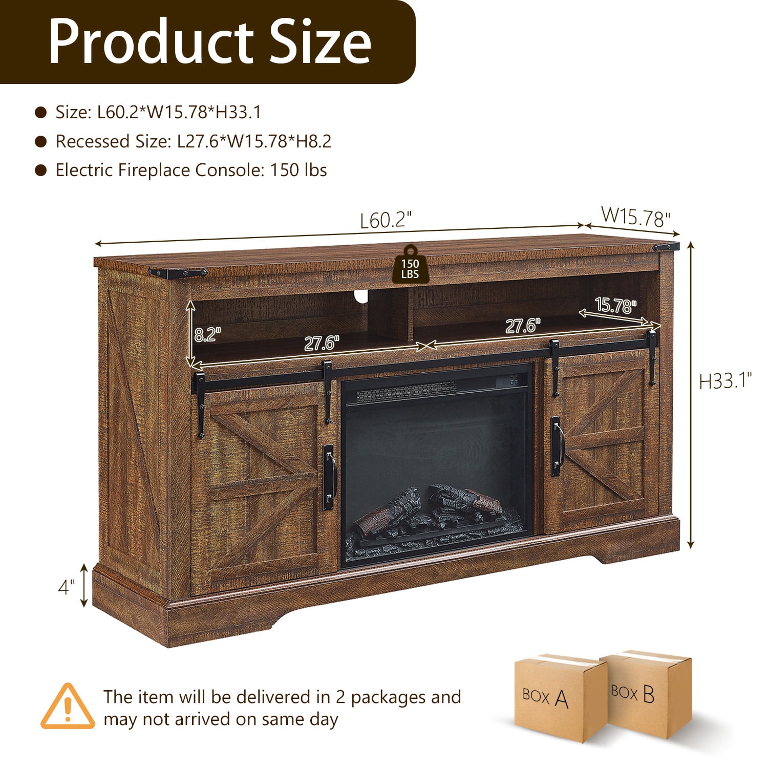 KeyWhat Farmhouse Fireplace TV Stand for TVs up to 70", 24" Electric Fireplace & Barn Door
