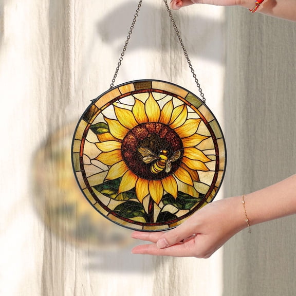Sunflower and Bee Stained Glass Suncatcher, Motherâs Day Window Decor, Nature-Inspired Art, Vintage Floral Design, Gift for Mom
