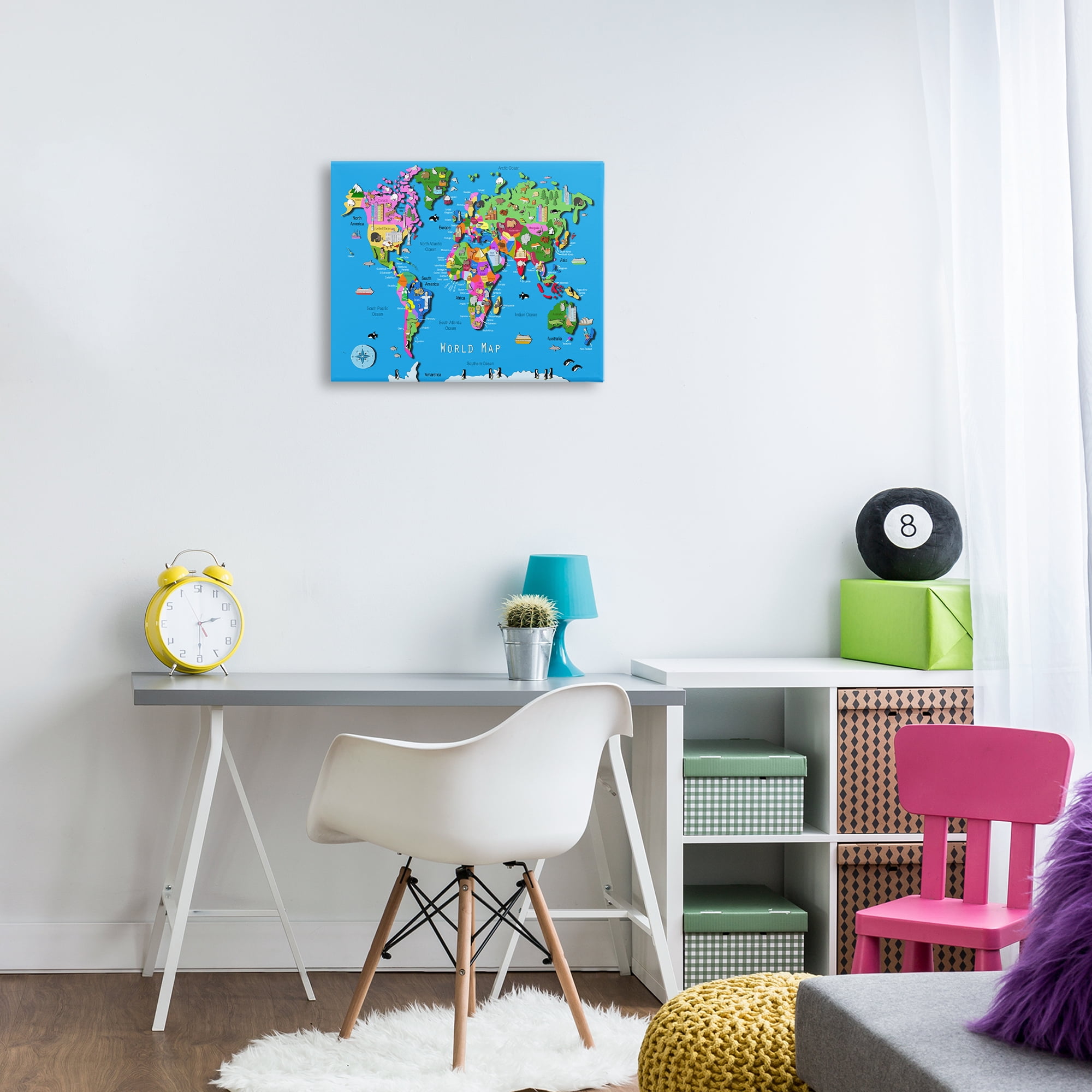 Stupell Industries Educational World Map Town & City Painting Gallery Wrapped Canvas Art Print Wall Art, 20 x 16