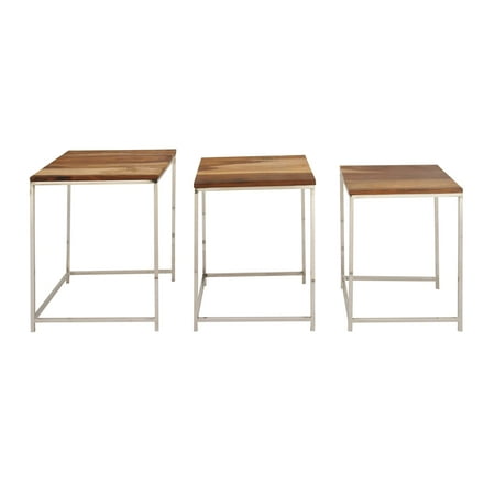 Art Deco Nesting Tables - Decmode Set of 2 Contemporary 18, 20 and 21 Inch Rosewood and Stainless Steel Nesting Tables, Brown