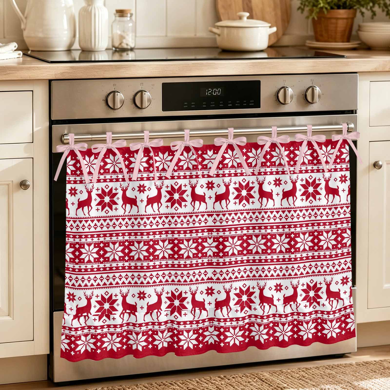 Oven Curtain for Kitchen Christmas Deer Winter Snowflake Stove Curtain With Ruffled Trim Dishwasher Curtains Abstract Geometric on Red Oven Skirt 30 x21.5
