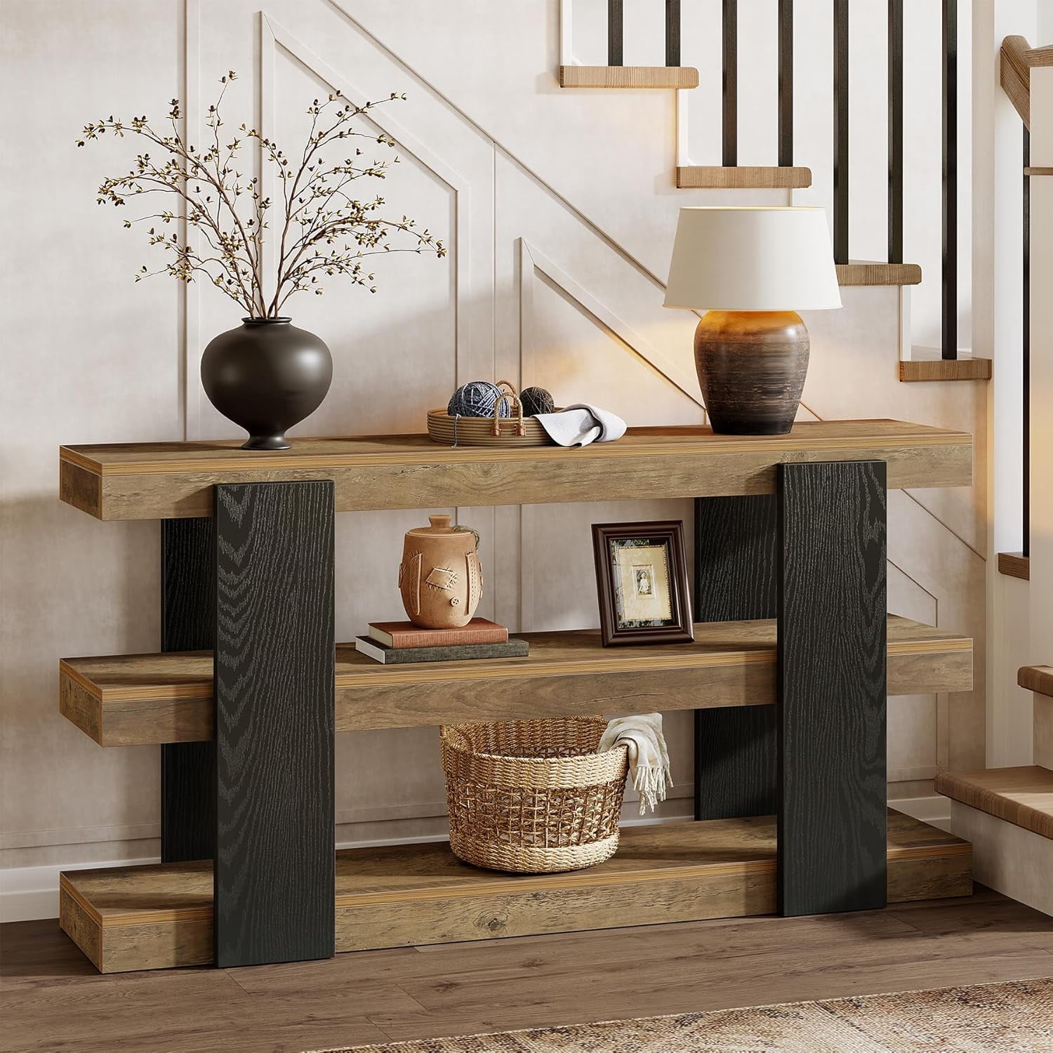 Finmind 63-Inch Farmhouse Console Table, 3-Tier Entryway Table with Storage, Rustic Brown & Black Wood Sofa Table for Living Room, Hallway, Entryway