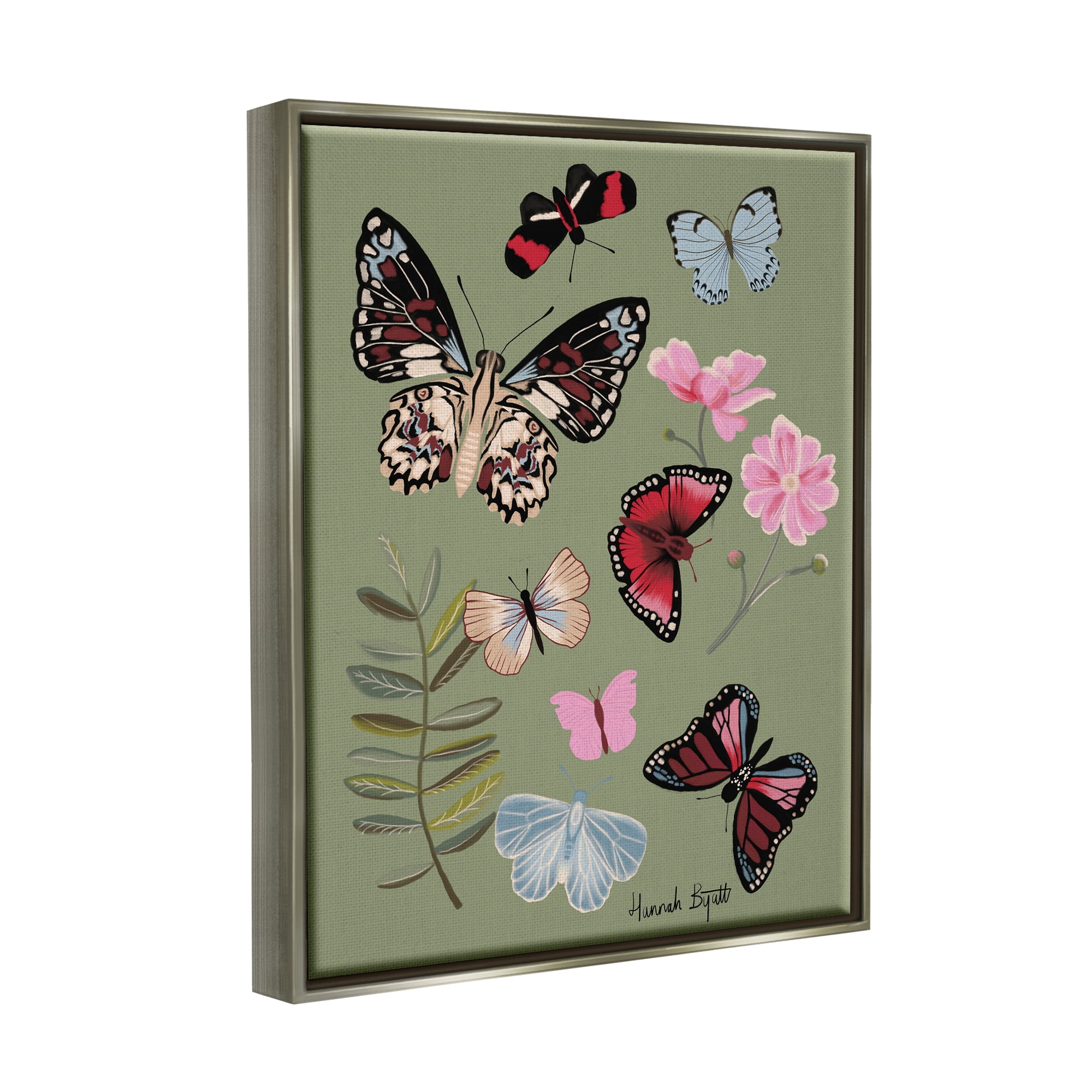 Stupell Industries Butterflies & Woodland Herbs Animals & Insects Painting Gray Floater Framed Art Print Wall Art, 17 x 21