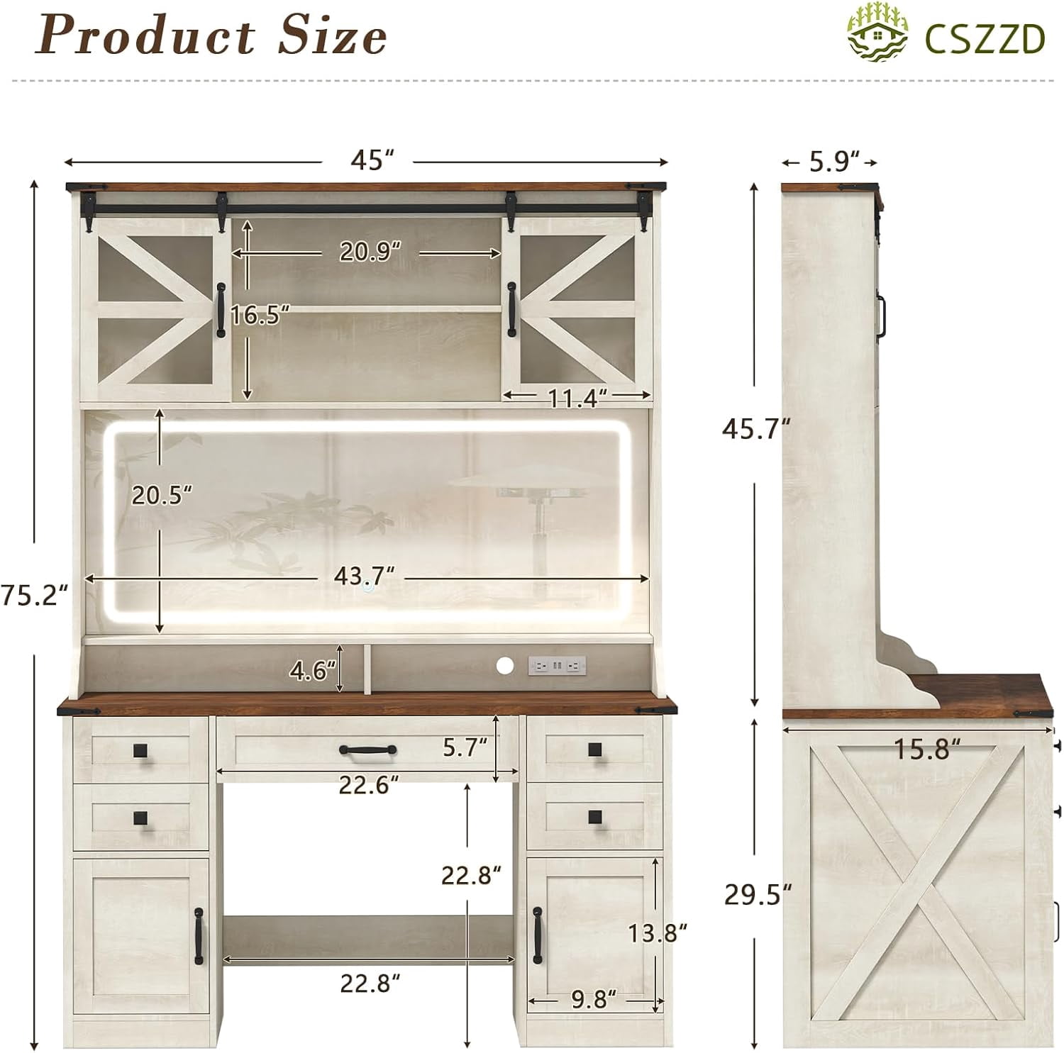 Gacfiew 75.2" Farmhouse Vanity Desk with Mirror and Lights, Makeup Vanity Table with 5 Drawers & 2 Sliding RGB Door & Power Outlet, 3 Color Lighting Modes, Big Vanity for Bedroom, Antique White