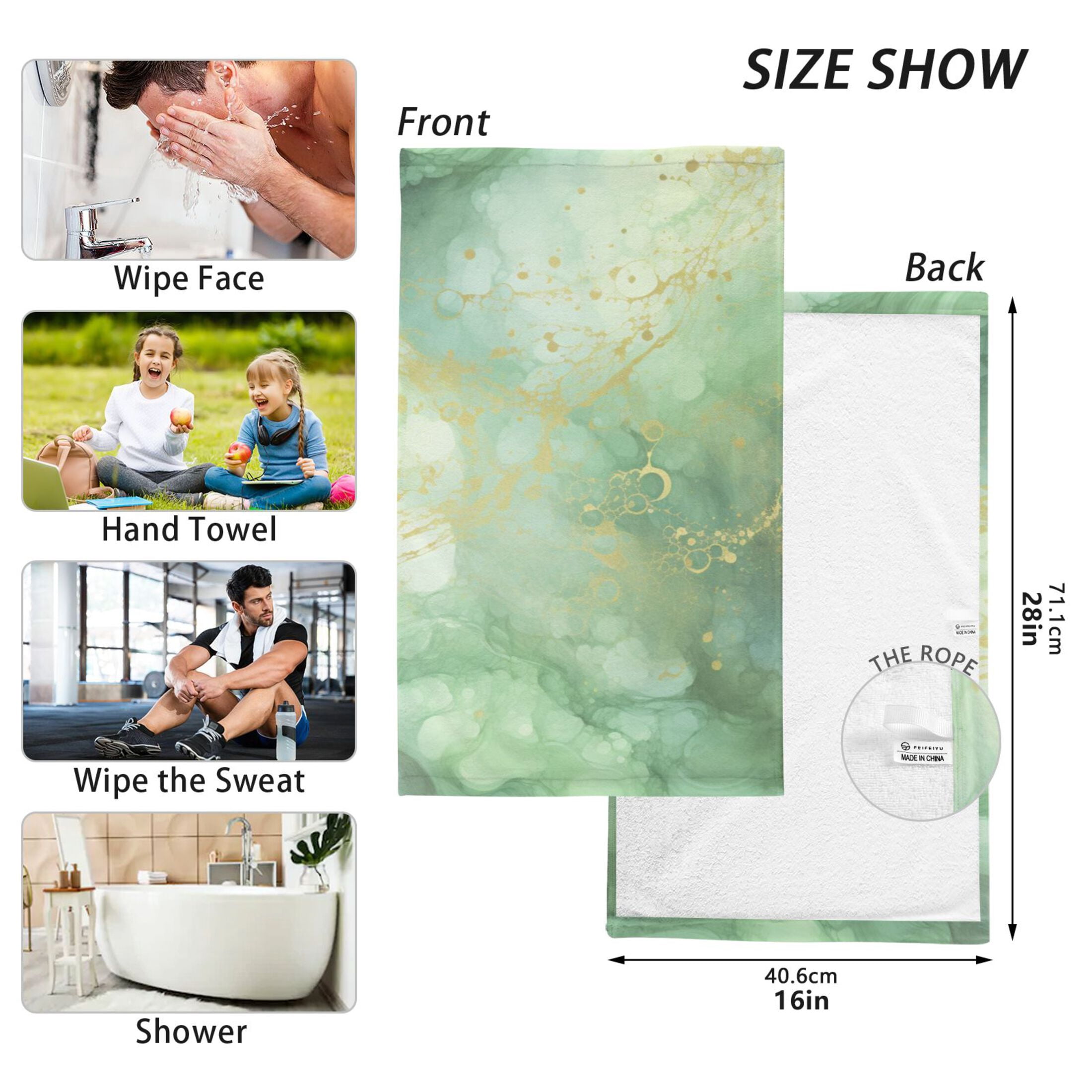 Emerald Green and Gold Marble Hand Towel Set 2 Pcs Cotton Absorbent Soft Face Towels Bath Towels for Bathroom Kitchen Shower Hotel Decor 16"x28"