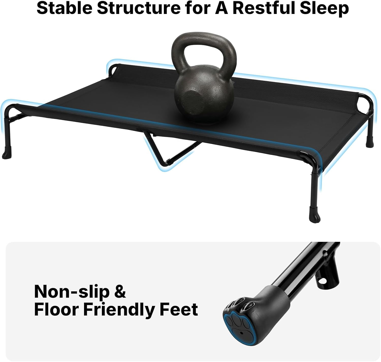 XXL Raised Dog Bed with Headrest Sides Washable Cooling Mesh Cot Non-Skid Feet Portable Pet Hammock Black 53.0"L x 33.0"W x 11.0"Th
