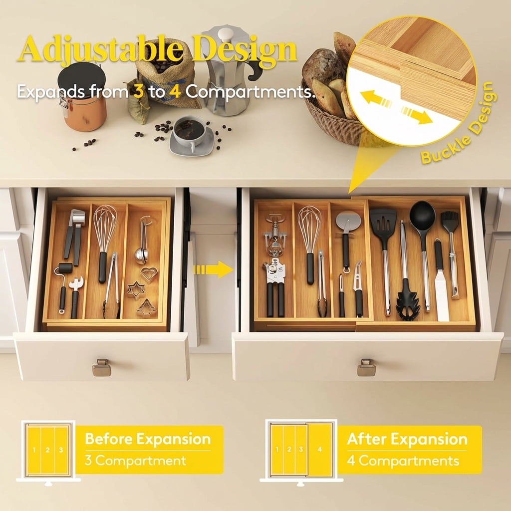 Norcho Expandable Bamboo Utensil Organizer Tray, Adjustable Cutlery and Flatware Holder for Kitchen Drawer, 11.9–21.7 x 15.75"