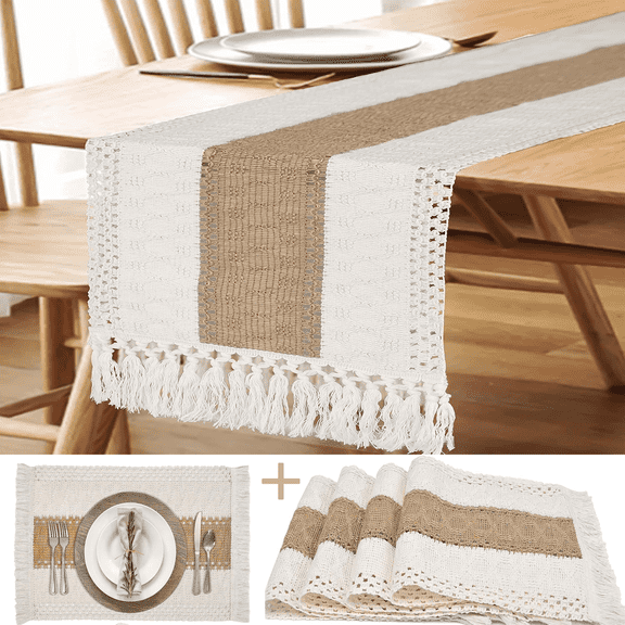 72 Inches Long Boho Table Runner and Set of 4 Boho Placemats with Tassels for Wedding Kitchen Dining(12 x 72 Inch)