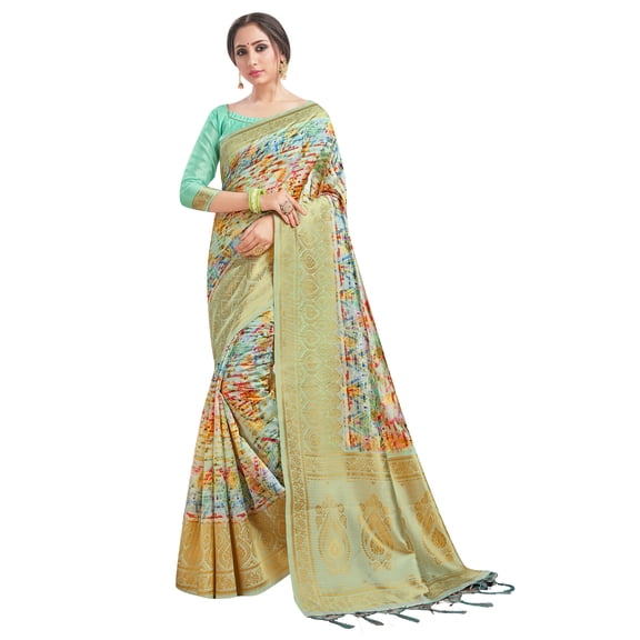 Sarees for Women Banarasi Art Silk Digital Print Sari with Zari Resham Woven Border - Indian Gift Saree & Unstitched Blouse