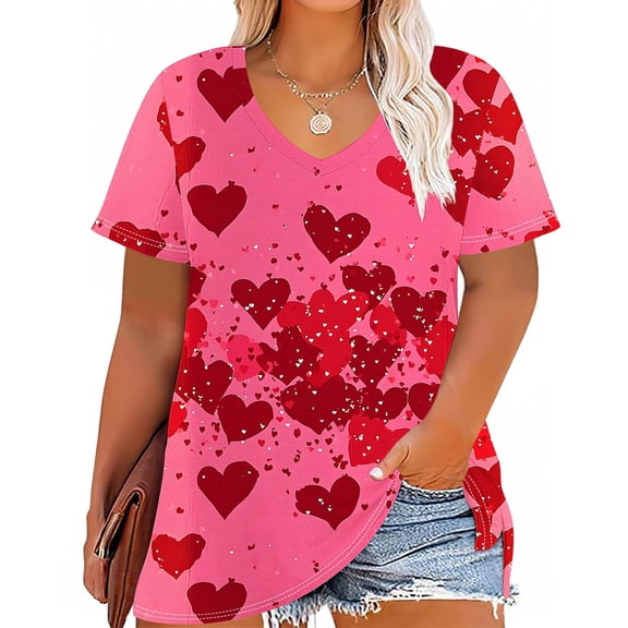 Gamivast Plus Size Holiday Tops Cute Heart Print Short Sleeve Tunic Goning Out Shirts Casual Loose V-Neck Trendy Blouse Valentine's Day Outfits 2026