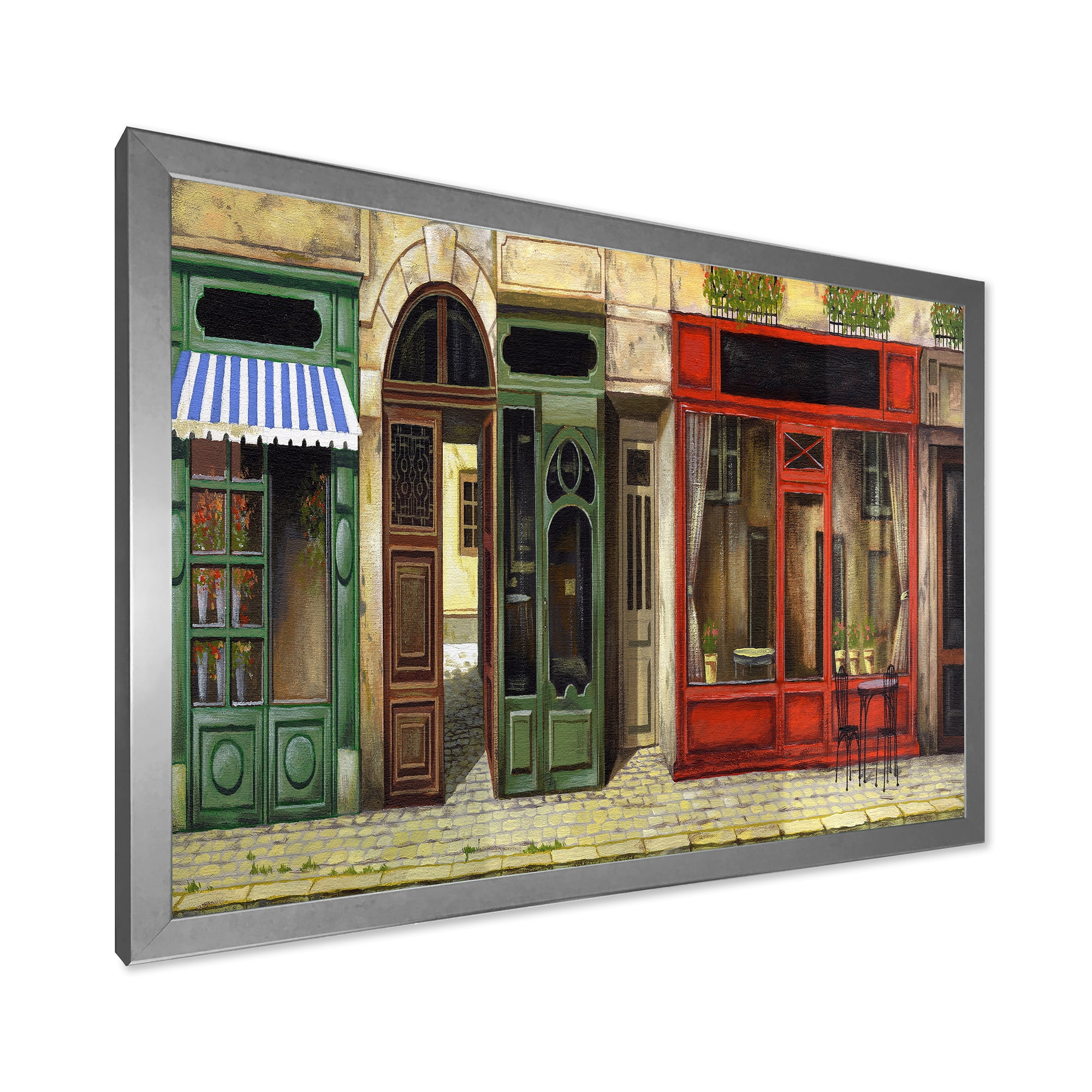 Red Facade of Charming Shop In Paris Street II 40 in x 30 in Framed Painting Canvas Art Print, by Designart
