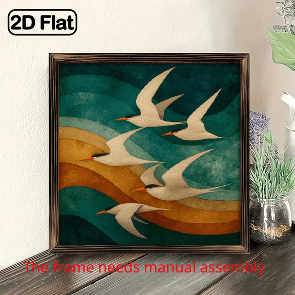 one rustic vintage flying bird print on 8x8 inch wood framed board. For home, living room, bedroom, kitchen, cafe, bathroom or office.