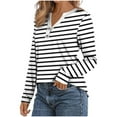 thumbnail image 4 of Olyvenn Long Sleeve Tops for Women Striped Buttons V Neck Loose Button Down Henley Shirts Fashion Fall Tee Shirts White XXL, 4 of 5