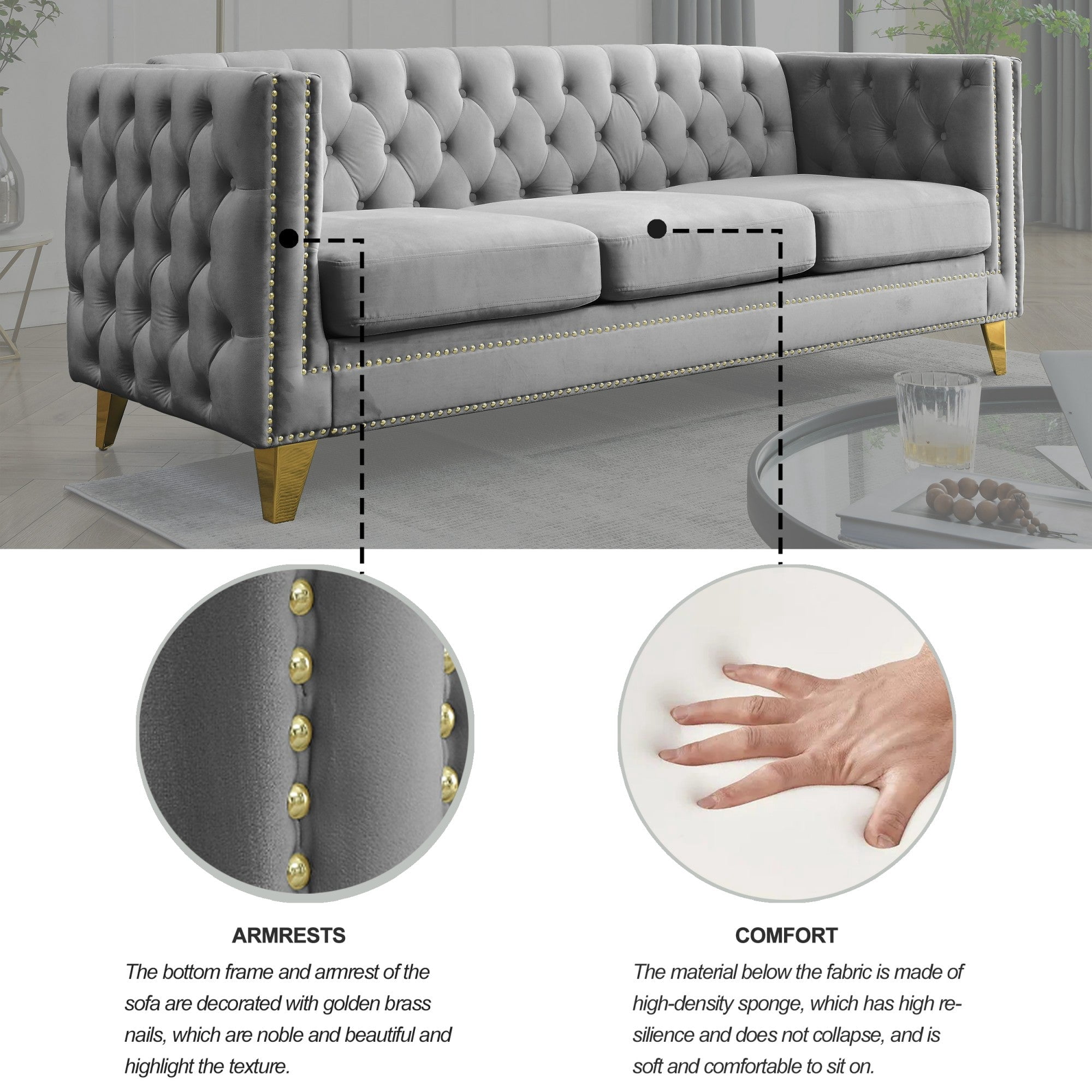 Sailvan 67" Modern Velvet Sofa, Button Tufted Chesterfield 3-Seater Couch with Nailhead Trim and Metal Legs for Living Room Gray