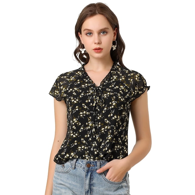 Allegra K blusa de gasa con cuello en V de manga corta suelta para mujer Blanco negro L